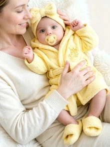 SHEIN 3pcs Newborn Baby Girls Photo Prop Outfit Cute Sweet Yellow Bow Crown Embroidery Fuzzy Long Sleeve Hooded Thick Birthday Autumn Katseye Princess Bebe - Yellow - View 6