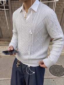 Resyla Men 男士新款秋冬純色圓領長袖麻花編織紋理毛衣，極簡休閒時尚百搭通勤日常穿搭 - 淺灰色 - 查看 3