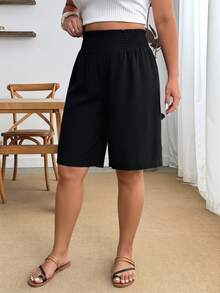 Enliva Plus Size Elastic Waist Woven Casual Baggy Six-Point Shorts, For Apple And Rounded Body Shape Bussines Work Black Summer - Black - View 4