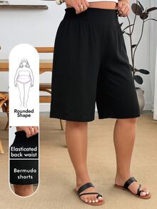 Enliva Plus Size Elastic Waist Woven Casual Baggy Six-Point Shorts, For Apple And Rounded Body Shape Bussines Work Black Summer - Black - View 7