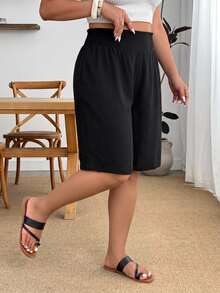Enliva Plus Size Elastic Waist Woven Casual Baggy Six-Point Shorts, For Apple And Rounded Body Shape Bussines Work Black Summer - Black - View 5