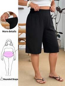 Enliva Plus Size Elastic Waist Woven Casual Baggy Six-Point Shorts, For Apple And Rounded Body Shape Bussines Work Black Summer - Black - View 1