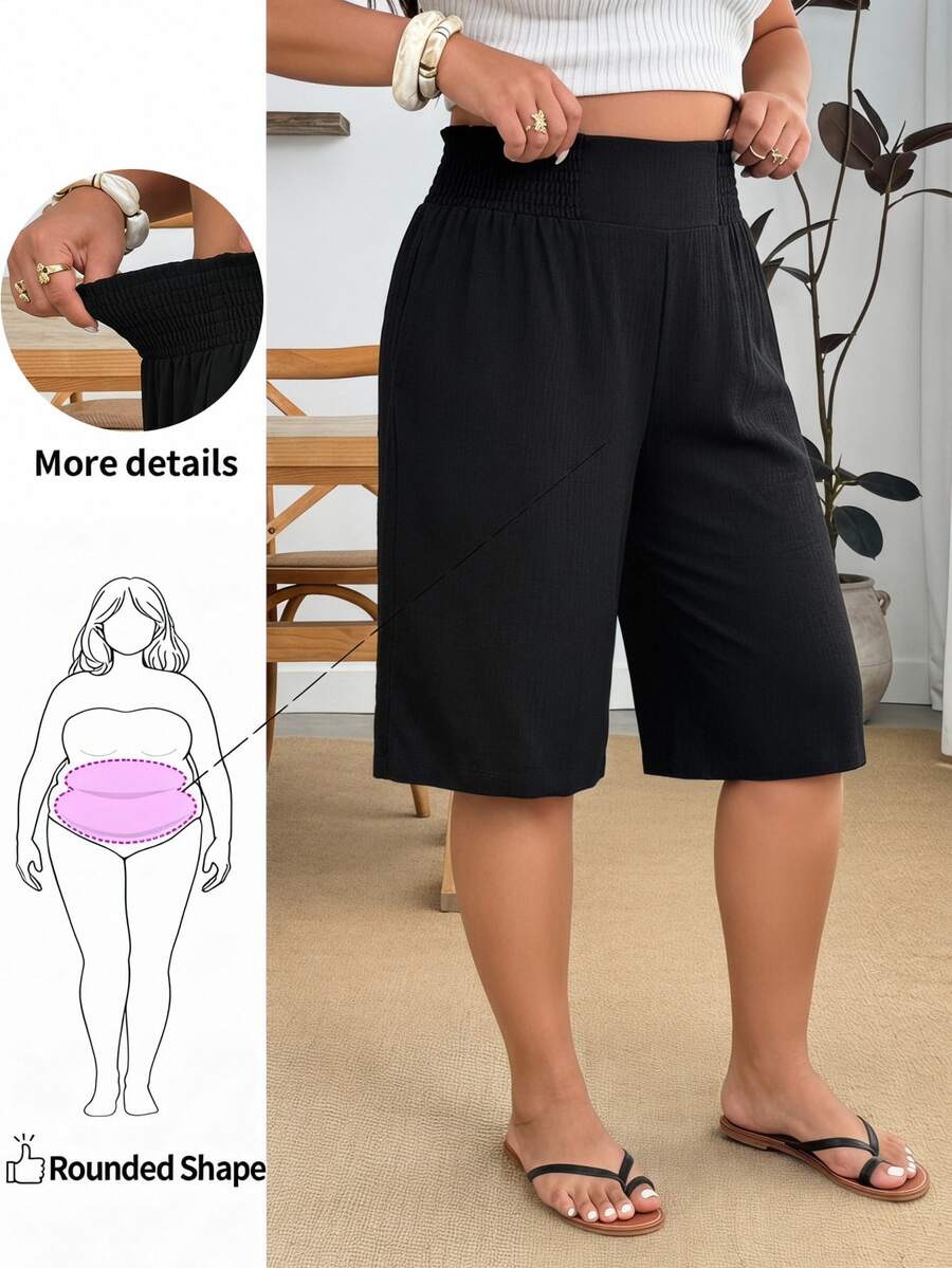 Enliva Plus Size Elastic Waist Woven Casual Baggy Six-Point Shorts, For Apple And Rounded Body Shape Bussines Work Black Summer - Black - View 1