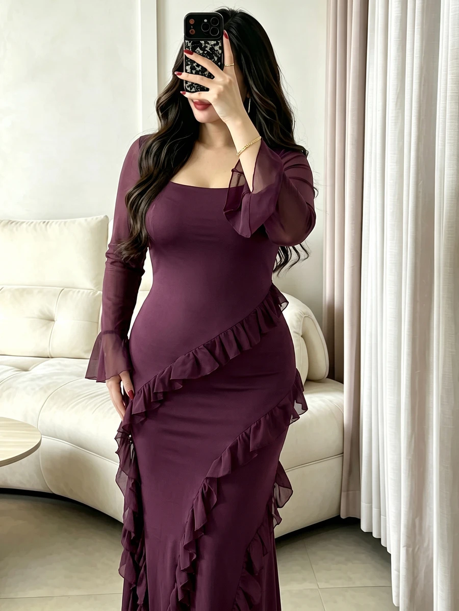 Modelyn Elegant Solid Color Square Neck Long Sleeve Chiffon Ruffle Trim Slim Fit Regular Plus Size Dress For Spring And Autumn - Red Violet - View 1