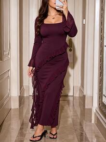 Modelyn Elegant Solid Color Square Neck Long Sleeve Chiffon Ruffle Trim Slim Fit Regular Plus Size Dress For Spring And Autumn - Red Violet - View 3