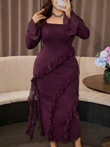 Modelyn Elegant Solid Color Square Neck Long Sleeve Chiffon Ruffle Trim Slim Fit Regular Plus Size Dress For Spring And Autumn - Red Violet - View 8