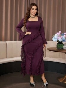 Modelyn Elegant Solid Color Square Neck Long Sleeve Chiffon Ruffle Trim Slim Fit Regular Plus Size Dress For Spring And Autumn - Red Violet - View 5