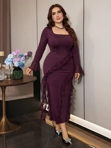 Modelyn Elegant Solid Color Square Neck Long Sleeve Chiffon Ruffle Trim Slim Fit Regular Plus Size Dress For Spring And Autumn - Red Violet - View 7