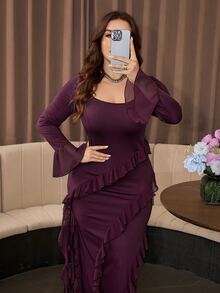 Modelyn Elegant Solid Color Square Neck Long Sleeve Chiffon Ruffle Trim Slim Fit Regular Plus Size Dress For Spring And Autumn - Red Violet - View 4