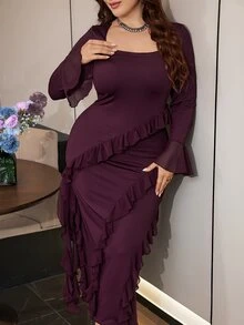 Modelyn Elegant Solid Color Square Neck Long Sleeve Chiffon Ruffle Trim Slim Fit Regular Plus Size Dress For Spring And Autumn - Red Violet - View 6