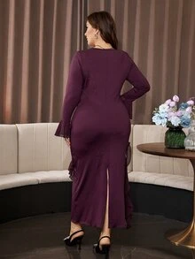 Modelyn Elegant Solid Color Square Neck Long Sleeve Chiffon Ruffle Trim Slim Fit Regular Plus Size Dress For Spring And Autumn - Red Violet - View 2