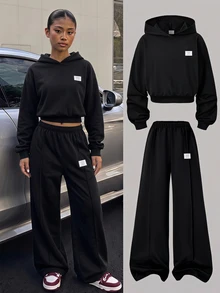 青少年女孩秋季休閒時尚街頭風連帽落肩寬鬆長袖黑色運動衫搭配寬腿褲套裝 - 黑色 - 查看 3