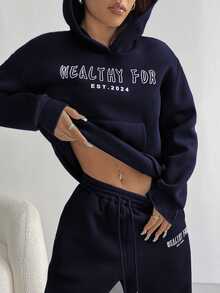 Flirla 女款長袖字母印花口袋休閒街頭風運動休閒連帽衛衣，海軍藍與白色秋季健身運動套頭連帽衫 - 藏蓝色 - 查看 4