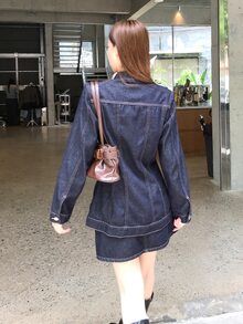DAZY Women's Washed Korean Style Elegant Casual Shirt & Skirt Denim Outfit Set Fall - Blue - View 2