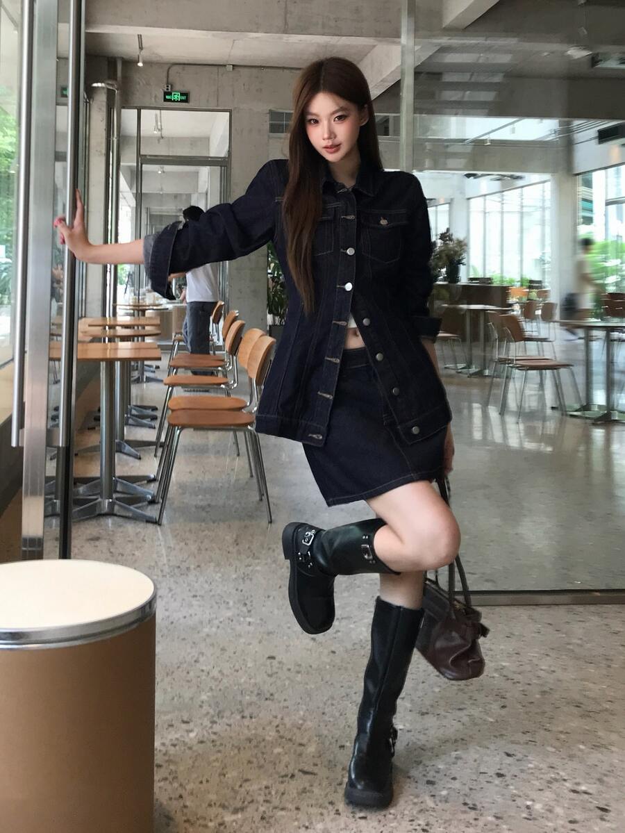 DAZY Women's Washed Korean Style Elegant Casual Shirt & Skirt Denim Outfit Set Fall - Blue - View 1