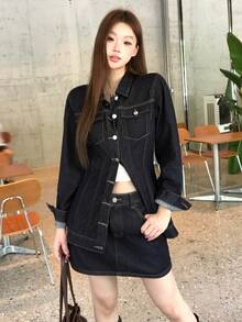 DAZY Women's Washed Korean Style Elegant Casual Shirt & Skirt Denim Outfit Set Fall - Blue - View 4