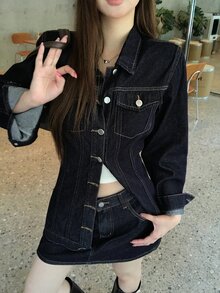 DAZY Women's Washed Korean Style Elegant Casual Shirt & Skirt Denim Outfit Set Fall - Blue - View 3