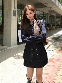 DAZY Women's Washed Korean Style Elegant Casual Shirt & Skirt Denim Outfit Set Fall - Blue - View 6