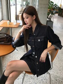 DAZY Women's Washed Korean Style Elegant Casual Shirt & Skirt Denim Outfit Set Fall - Blue - View 5