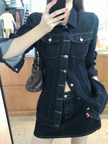 DAZY Women's Washed Korean Style Elegant Casual Shirt & Skirt Denim Outfit Set Fall - Blue - View 7