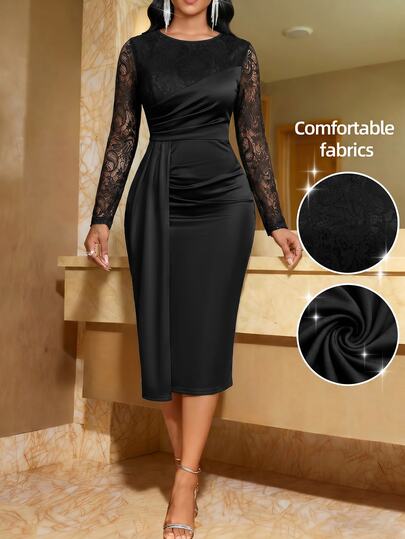 Fleurora Women's Elegant Mature Black Dress Lace Patchwork Midi Dress Dinner Night Out Black Autumn Chic Evening Dress Elegant Long Dress Party Dress