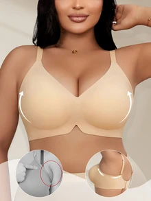 SHEIN 加大码女士柔软支撑无钢圈加垫聚拢文胸 - 香檳色 - 查看 3