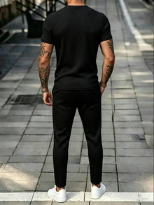 Manfinity Homme 春夏新款休閒戶外男士運動套裝，柔軟舒適面料，可機洗，適合健身、戶外運動與日常休閒穿著，可作為男士生日禮物 - 黑色 - 查看 2