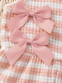 SHEIN 女婴休闲时尚条纹无袖弹力罗纹面料短款背带裤，带蝴蝶结，纯粉色，夏季 - 粉色 - 查看 3