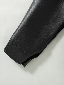 SHEIN جاكيت جلد صناعي للبنات، أكمام طويلة، صوف، ملابس الخريف، الخريف، تصميم فضفاض مع تصميم ظلي ثلاثي الأبعاد، تفاصيل ياقة فريدة، أسلوب دراجة نارية - الأسود - مشاهدة 6