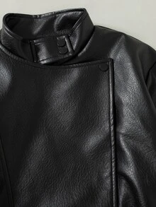 SHEIN جاكيت جلد صناعي للبنات، أكمام طويلة، صوف، ملابس الخريف، الخريف، تصميم فضفاض مع تصميم ظلي ثلاثي الأبعاد، تفاصيل ياقة فريدة، أسلوب دراجة نارية - الأسود - مشاهدة 4