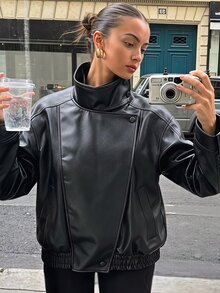 SHEIN جاكيت جلد صناعي للبنات، أكمام طويلة، صوف، ملابس الخريف، الخريف، تصميم فضفاض مع تصميم ظلي ثلاثي الأبعاد، تفاصيل ياقة فريدة، أسلوب دراجة نارية - الأسود - مشاهدة 2