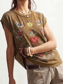 Bohemela 大尺碼女款花卉印花插肩袖圓領休閒T恤 - 棕色 - 查看 6