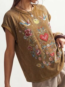 Bohemela 大尺碼女款花卉印花插肩袖圓領休閒T恤 - 棕色 - 查看 11