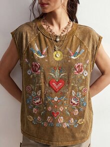 Bohemela 大尺碼女款花卉印花插肩袖圓領休閒T恤 - 棕色 - 查看 5