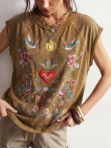 Bohemela 大尺碼女款花卉印花插肩袖圓領休閒T恤 - 棕色 - 查看 1