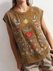 Bohemela 大尺碼女款花卉印花插肩袖圓領休閒T恤 - 棕色 - 查看 9
