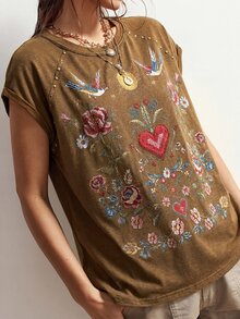 Bohemela 大尺碼女款花卉印花插肩袖圓領休閒T恤 - 棕色 - 查看 8