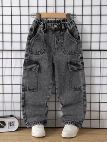 Genkimix Kids 小男孩牛仔夏季新款多口袋工裝直筒褲，中藍色水洗，舒適彈性腰頭，柔軟棉質面料且不易變形，適合學校、戶外玩耍、旅行、家庭活動、派對聚會等 - 灰色 - 查看 4