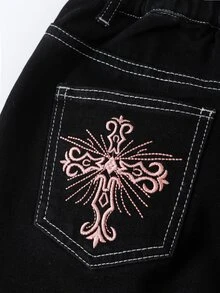SHEIN New Girls' Gothic Cross Embroidery Contrast Stitching American Retro Street Style Casual All-Match Versatile Cute Bow Design Pocket Comfortable Soft Loose Straight Leg Washed Denim Jeans Suitable For Daily Wear All Seasons - Black - View 4