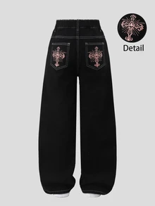 SHEIN New Girls' Gothic Cross Embroidery Contrast Stitching American Retro Street Style Casual All-Match Versatile Cute Bow Design Pocket Comfortable Soft Loose Straight Leg Washed Denim Jeans Suitable For Daily Wear All Seasons - Black - View 1