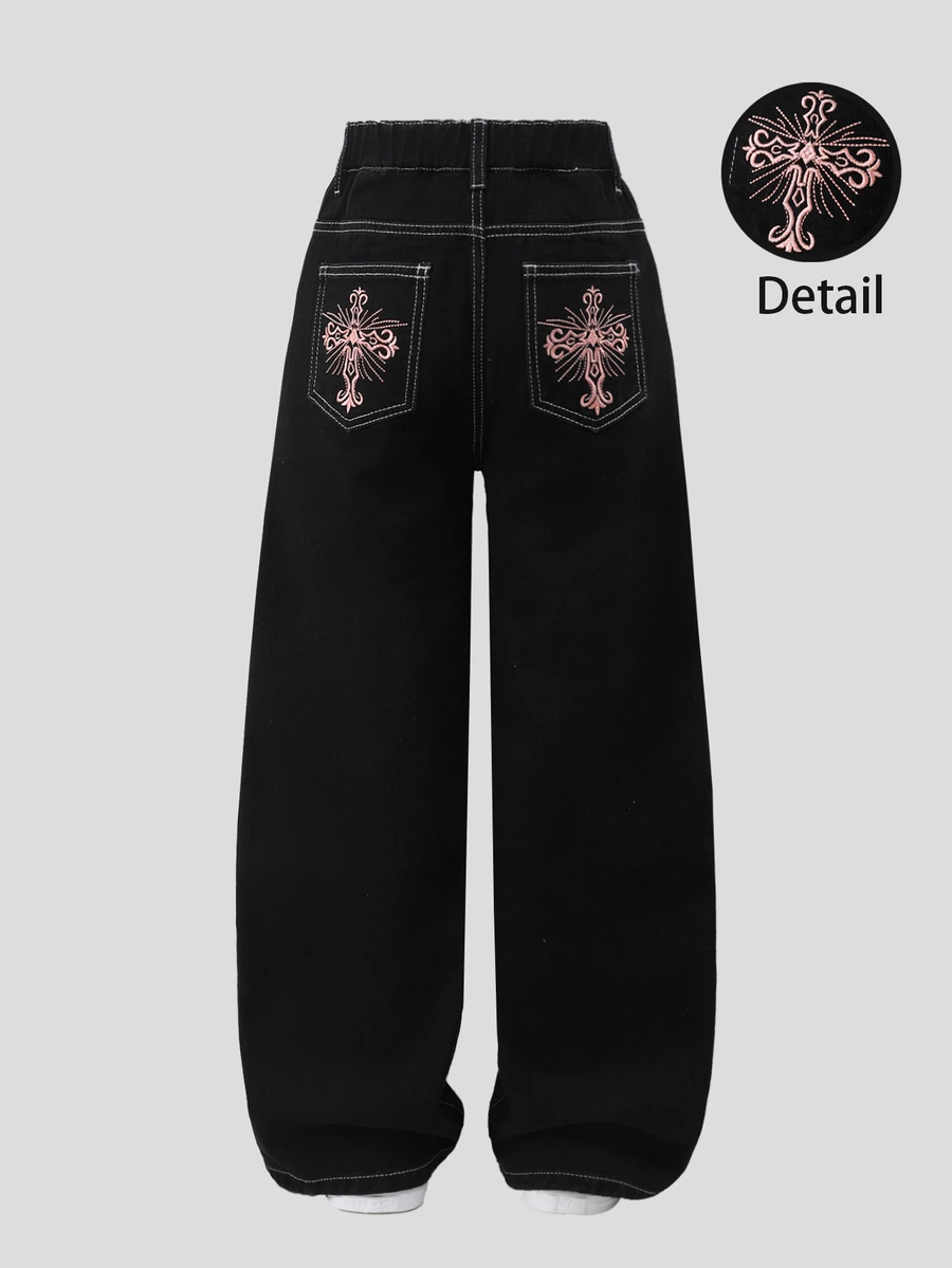 SHEIN New Girls' Gothic Cross Embroidery Contrast Stitching American Retro Street Style Casual All-Match Versatile Cute Bow Design Pocket Comfortable Soft Loose Straight Leg Washed Denim Jeans Suitable For Daily Wear All Seasons - Black - View 1