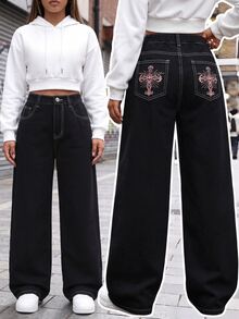 SHEIN New Girls' Gothic Cross Embroidery Contrast Stitching American Retro Street Style Casual All-Match Versatile Cute Bow Design Pocket Comfortable Soft Loose Straight Leg Washed Denim Jeans Suitable For Daily Wear All Seasons - Black - View 2