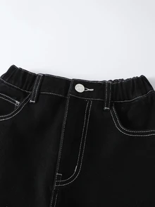 SHEIN New Girls' Gothic Cross Embroidery Contrast Stitching American Retro Street Style Casual All-Match Versatile Cute Bow Design Pocket Comfortable Soft Loose Straight Leg Washed Denim Jeans Suitable For Daily Wear All Seasons - Black - View 3