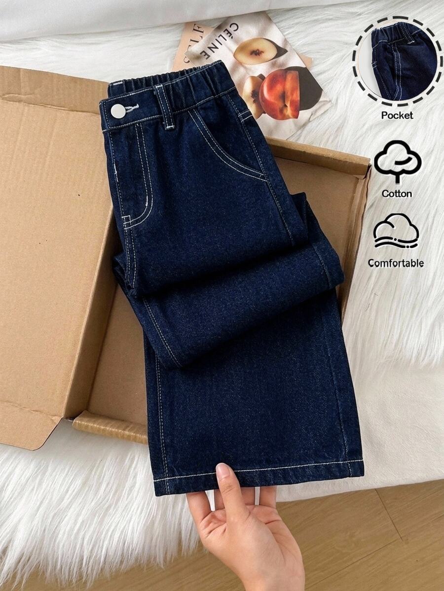女童 Y2K 復古深藍色牛仔寬鬆牛仔褲,秋冬款,女童校服、聖誕套裝、幼兒牛仔褲、冬季牛仔褲 - 深色水洗藍 - 查看 1
