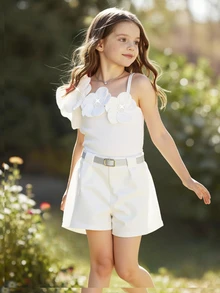 SHEIN Elladie kids 少女單肩連身短褲 3D花朵貼花無袖肩帶短連身褲 附裝飾腰帶 青少年女孩套裝 度假穿搭 - 白色 - 查看 6