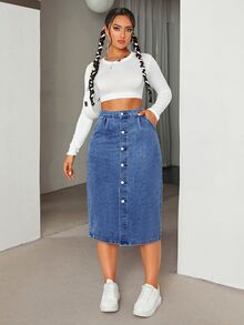 SHEIN EZwear 大尺碼女款休閒日常牛仔裙，附口袋與單排鈕扣設計 - 中等水洗藍 - 查看 4