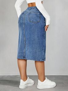 SHEIN EZwear 大尺碼女款休閒日常牛仔裙，附口袋與單排鈕扣設計 - 中等水洗藍 - 查看 2