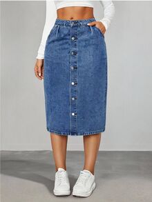 SHEIN EZwear 大尺碼女款休閒日常牛仔裙，附口袋與單排鈕扣設計 - 中等水洗藍 - 查看 1