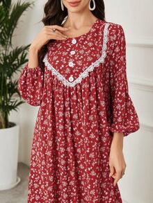 Lacomfia فستان نسائي أحمر مزين بالدانتيل أنيق وراقي بأسلوب ريفي بسيط، مناسب للعودة للمنزل والحفلات وليلة المواعدة والمناسبات الخاصة والفعاليات المسائية - الأحمر - مشاهدة 5