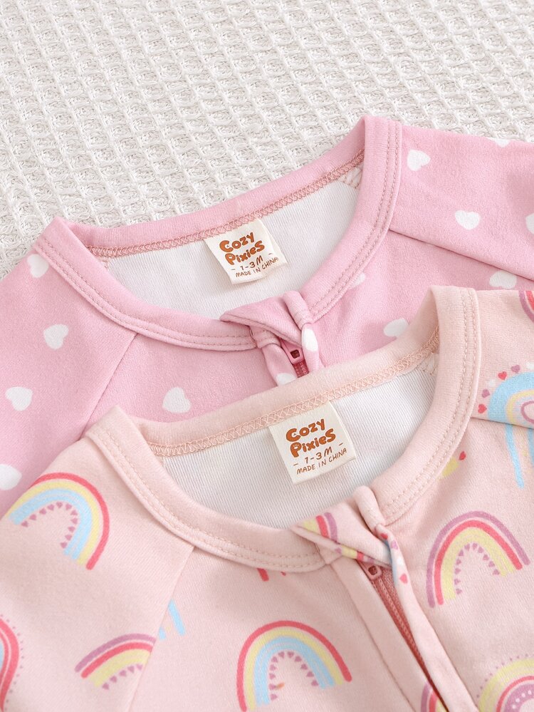 Cozy Pixies Newborn Baby Girl Rainbow Cartoon Polka Dot Heart Pattern Sweet Cute Knit Soft Round Neck Long Sleeve Bodysuit & Pants 2pcs Set - Pink - View 8